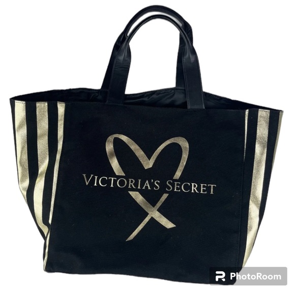 Victoria Secret Tote Bag Black & Gold Striped Weekend Bag Limited Edition 2017 - Picture 1 of 6